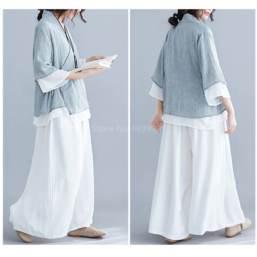 

Traditional Chinese Women Blouses Linen Tops Yoga Set Pants Retro Kimono Cardigan Coat Tai Chi Uniform Breathable Casual Hanfu