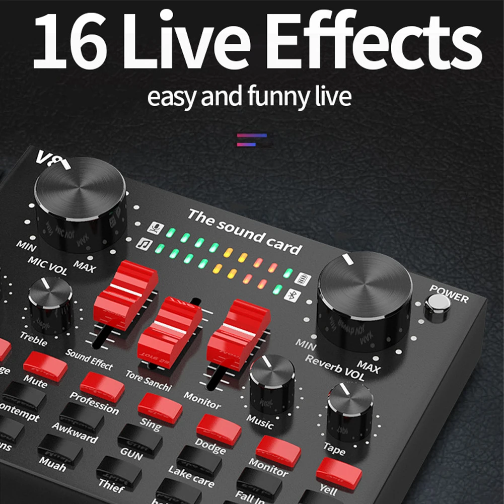 

V8S Aluminum Alloy Bluetooth Mixer Portable Live Broadcast Stereo DSP 3.5mm Interface Sound Card External USB Rechargeable Audio