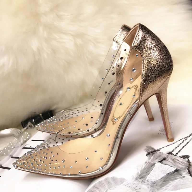 Women Wedding Shoes Bride Pointy Toe Clear PVC Crystal Pumps Slip On High Heeled Stiletto Ladies Shoes Bling Fashion For Marry