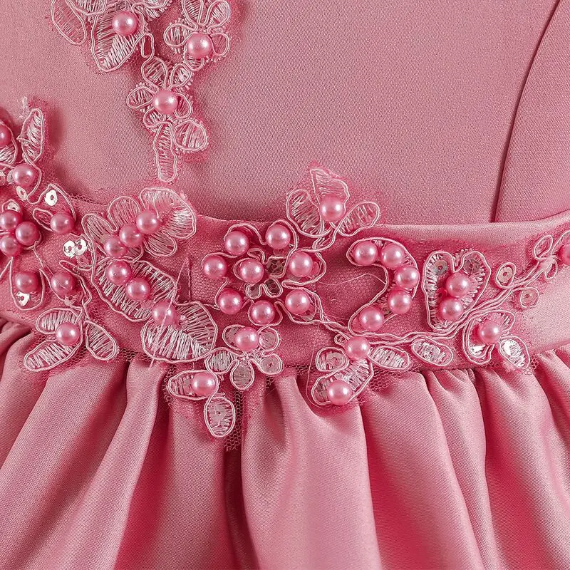 

Flower Girls Dresses Illusion Sleeveless Tulle Lace O-Neck Sequined Pearls Embroidery Knee-Length Kids Party Princess Gown F298