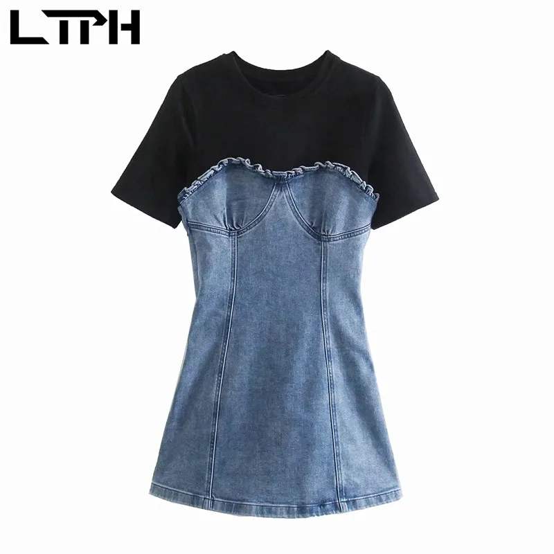

LTPH fashion splicing fake two denim dress women French vintage O-Neck short sleeve slim Package Hip dresses 2021 Summer New