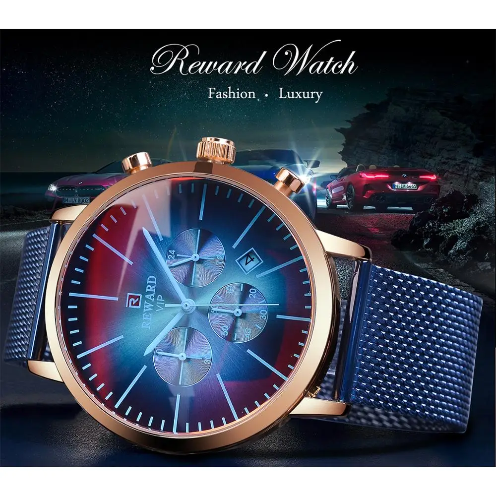 Награда синяя сталь сетка цветной браслет стекло дизайн три циферблата