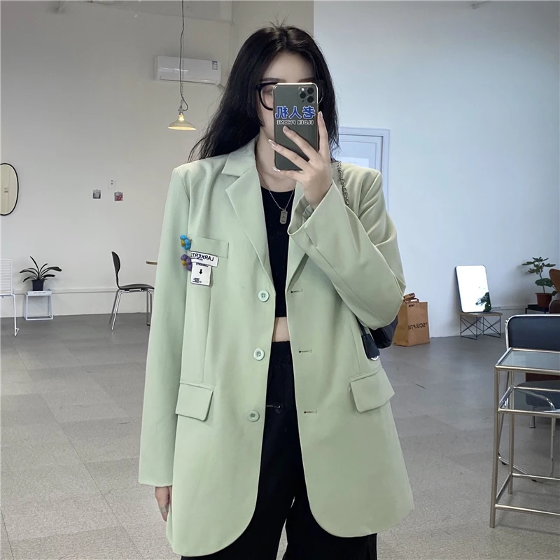 

HARAJPOO Female Blazers 2021 Spring Autumn New Korean Version Ins Fashion Harajuku Paste-turned Loose-fitting Women Coat Tide