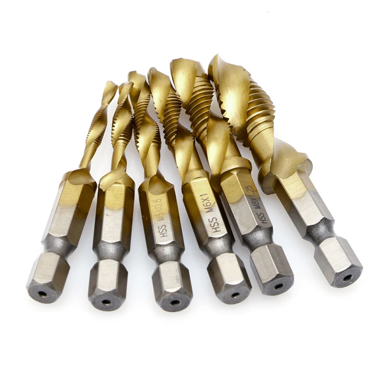 

6 x Hex Shank M3-M10 Titanium Plated HSS Hand Screw Thread Metric Tap Drill Bits