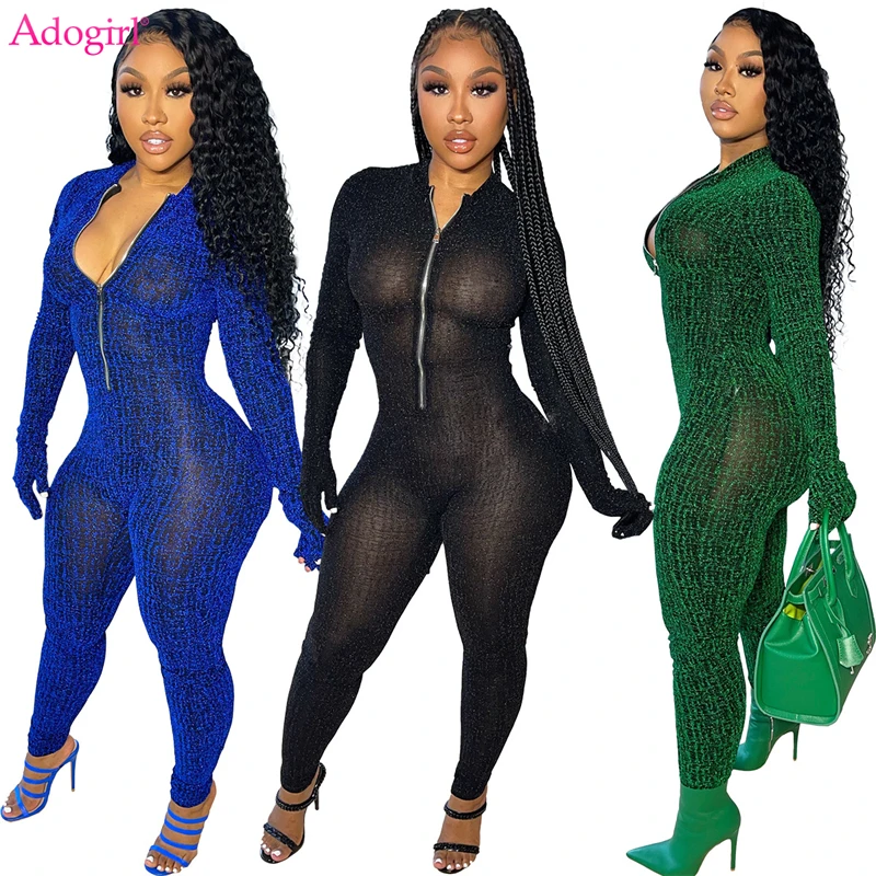 

Adogirl Sequined Silk Mesh Jumpsuit with Gloves Women Sexy Zipper Designer Long Sleeve Skinny Overalls Fall Winter Clothing