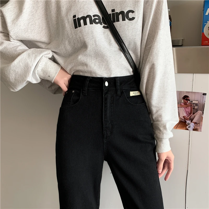 

High Waist Flare Jeans Woman Loose Korean Style Slim Solid Color Split Full-length Casual Mom Jeans Streetwear Boyfriend Jeans