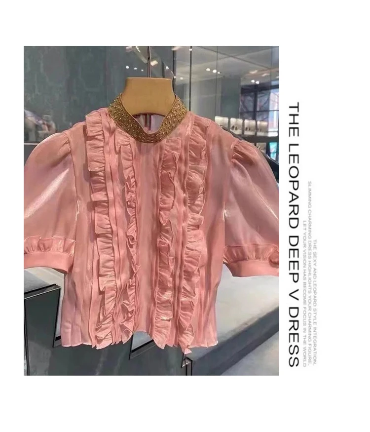 

2021 New Spring Women Stringy Selvedge Short Slimming Top Shirt for Female Stand Collar Short Sleeve Thin Pink Blouse