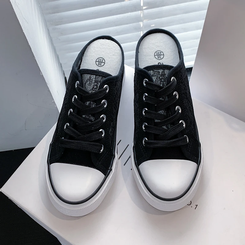 

2021 summer mesh through thick bottom half trailer canvas shoes female hollow casual shoes heightening student board shoes