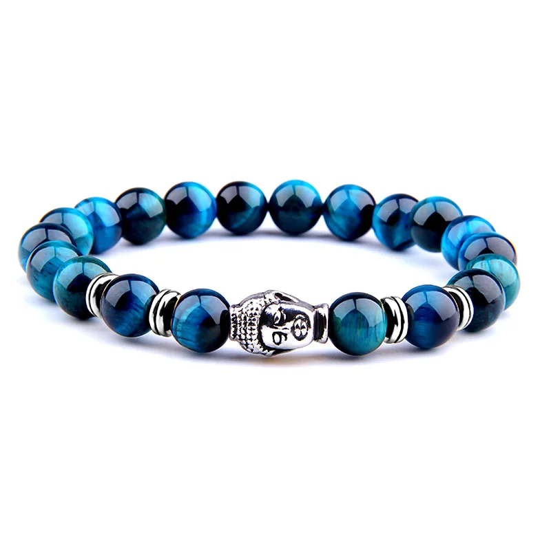 Fashion AAA Royal Blue Tiger Eye Men's Bracelet Beads Natural Stone Buddha Stretch Charm Bracelets for Women Men Jewelry - Окраска металла: Royal Blue Tiger-2