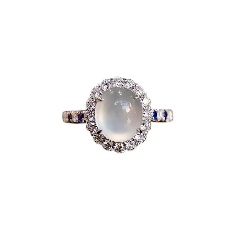 

Natural chalcedony smooth egg surface opening adjustable ring light luxury sparkling charm women's brand silver jewelry