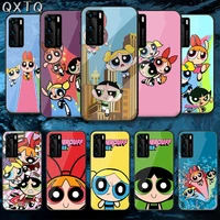 qxtq cartoon powerpuffs girl tempered glass phone case cover for huawei honor mate p 8 9 10 20 30 40 a x i pro lite smart 2021