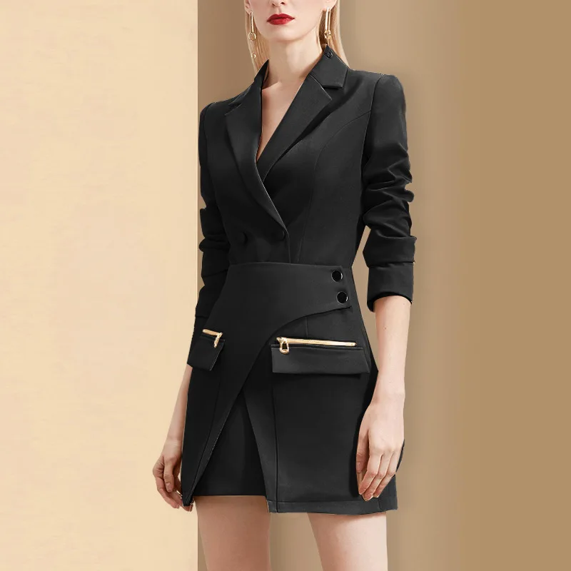 

Office Lady Elegant Two-piece Suit Female Notched Women Slim Blazer + Zipper Pocket Irregular Design Skirt Set 2021 New Autumn