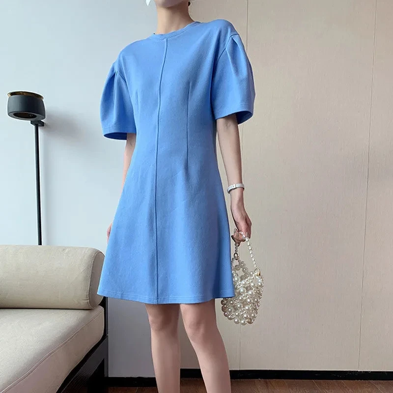 

Slim waist dress women's summer temperament Lantern Sleeve meat covered T-shirt skirt French knee length tea break skirt