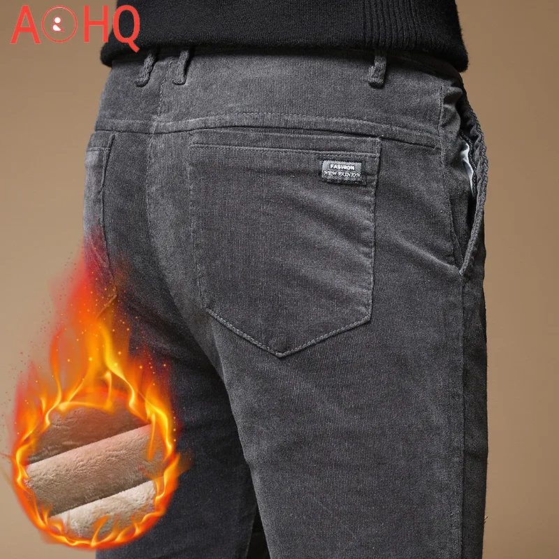 

Thicken Fleece Warm Men's Casual Pants Corduroy Winter Pants Men Zipper Black Pencil Pants Male Trousers of Leisure