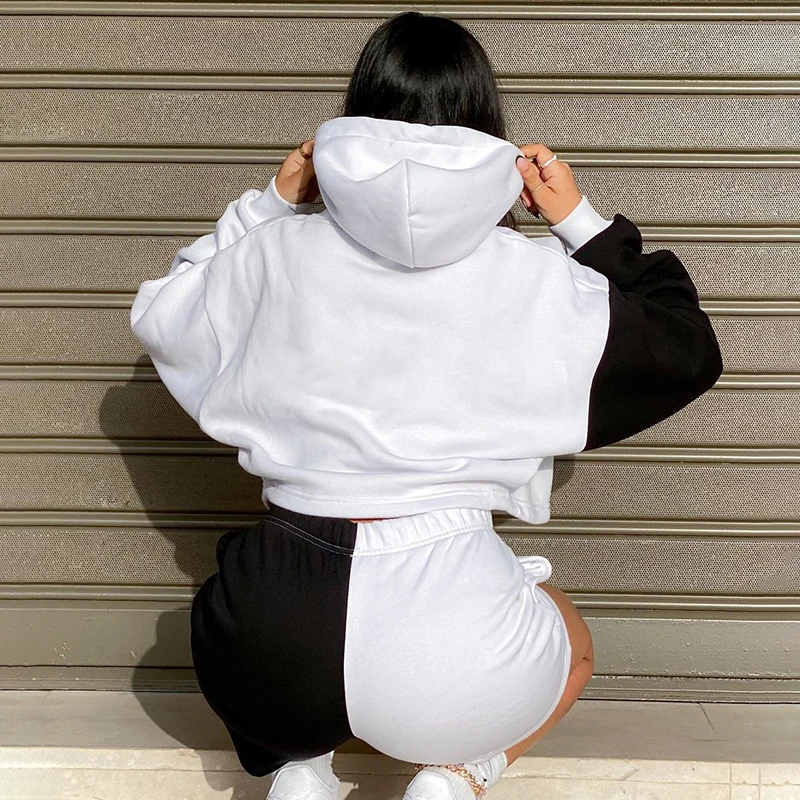 

Patchwork Hoodie Biker Shorts Two Piece Set Women Cotton Long Sleeve Tops Matching Sets Casual Sweatshirts Outfit Sport Iamhotty