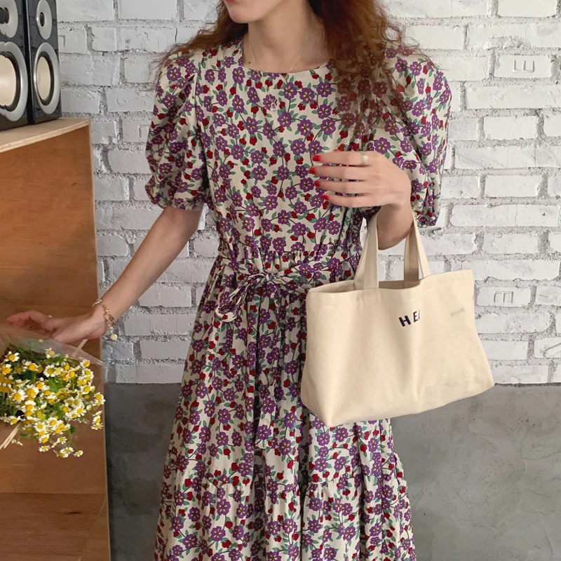 

Korejpaa Women Dress 2021 Summer Korean Chic Western Style Retro Square Collar Exposed Clavicle Lace Floral Puff Sleeve Vestidos
