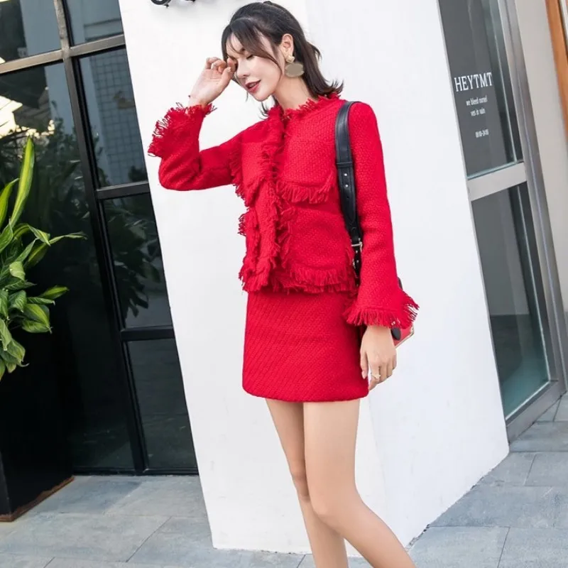 Elegant Womens Red Tassel Tweed Short Coat Mini Wrap Skirt Two Piece Set 2020 New Spring Single Breasted Jacket Office | Женская одежда