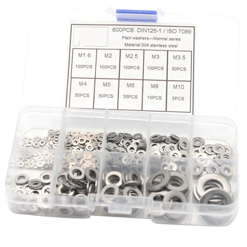 

Promotion! 600Pcs/Set M1.6 M2 M2.5 M3 M3.5 M4 M5 M6 M8 M10 Stainless Steel Flat Washer Plain Washer Gaskets Assortment Kit