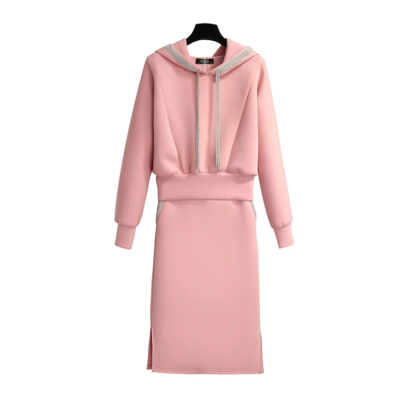 

Autumn Spring Women's Costume Hooded Tracksuit Sweater + Slim Skirt Two-Piece Set Pink cute Girl Clothes Female Skirt
