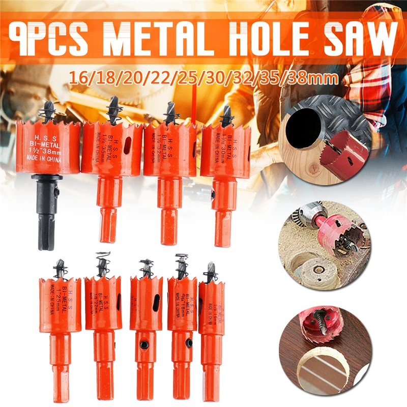 

9Pcs/set HSS Hole Saw Drill Bit Cutter Kit 16/18/20/22/25/30/32/35/38mm For Cutting Wood Gypsum Board Plastic Metal