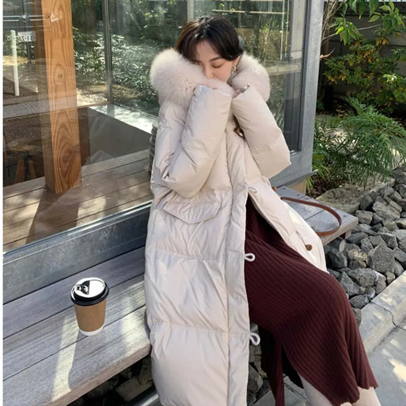 Высококачественное Женское пальто на утином пуху 2021 с капюшоном из лисьего меха