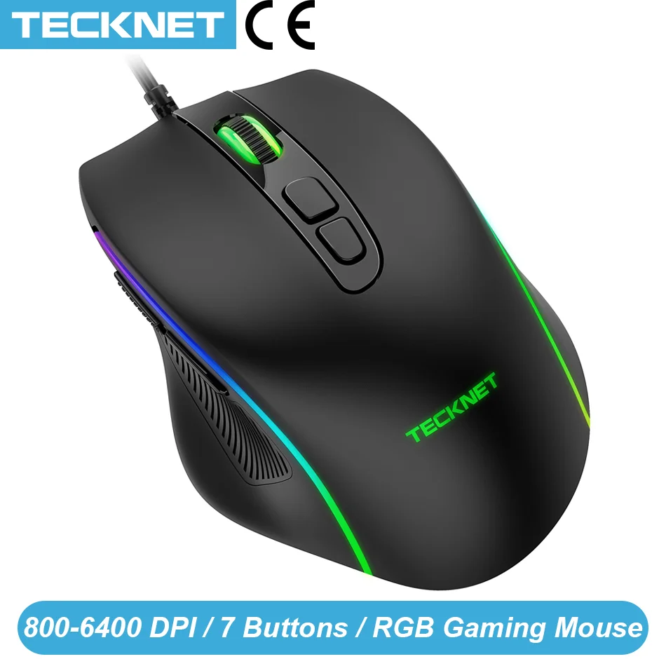 Tecknet USB Проводная игровая мышь 7 кнопок 800 6400 DPI эргономичная 6 RGB подсветка Мыши