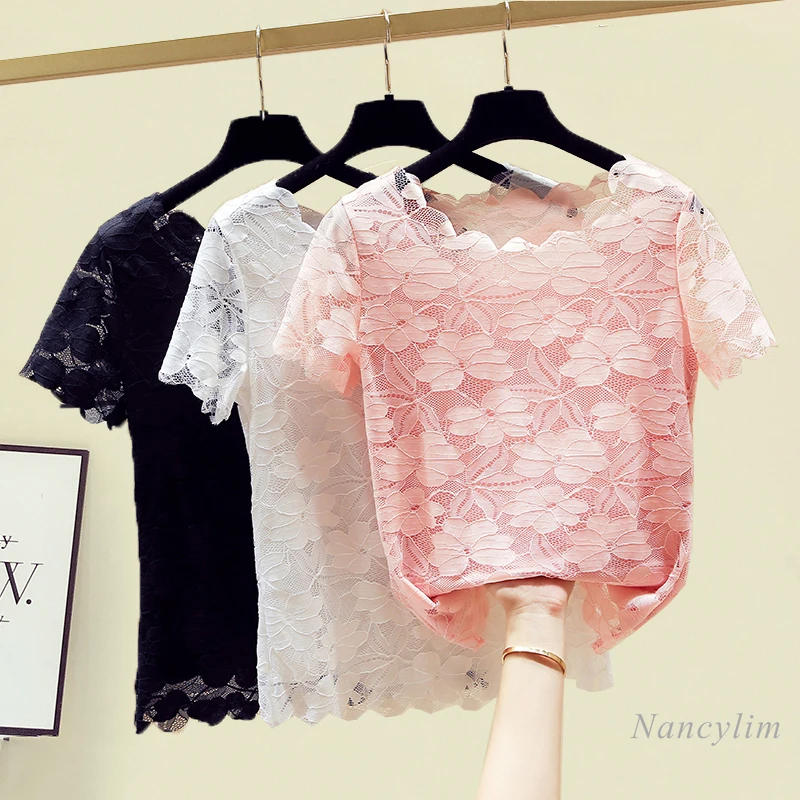 

Temperament Floral Lace T-shirt Women's Short Sleeve Summer Top Female All-Match Basic Tees Slim Camisetas De Mujer