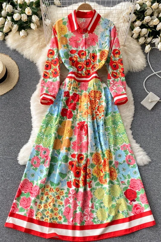 

Women's Elegant Spring Autumn Long Sleeve Shirt Dress Vintage Printed Office Wear Streetwear Single Breasted Long Vestidos