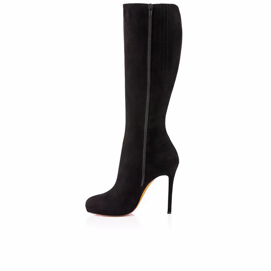 Black High Heels, Knee-High Boots, Women's Winter Velvet Boots, Round Toe, Thin Heels, Platform Boots