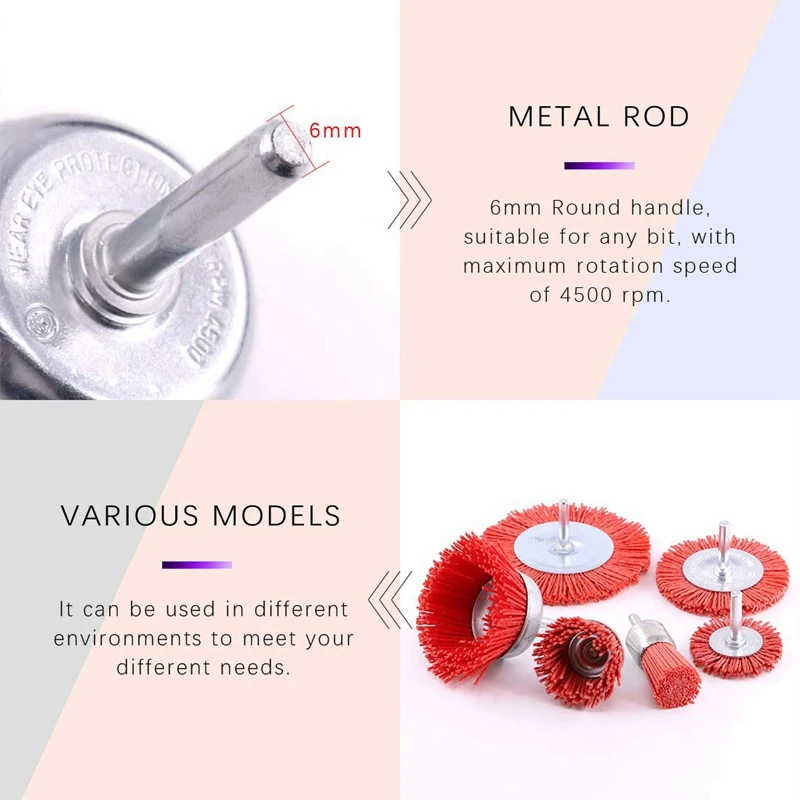 

6Pcs Nylon Filament Abrasive Wire Brush Wheel & Cup Brush Set with 1/4 Inch Shank, 6 Sizes Nylon Drill Brush Set Perfect