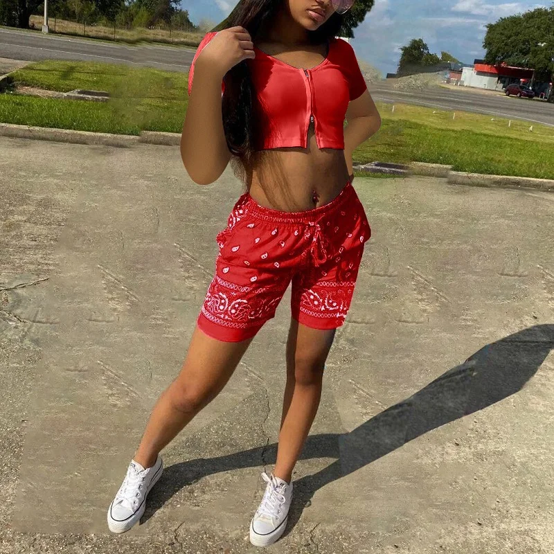 

summer outfits for women 2021 bulk items wholesale lots Solid zipper crop top+printed short suits,two piece set vacation outfits