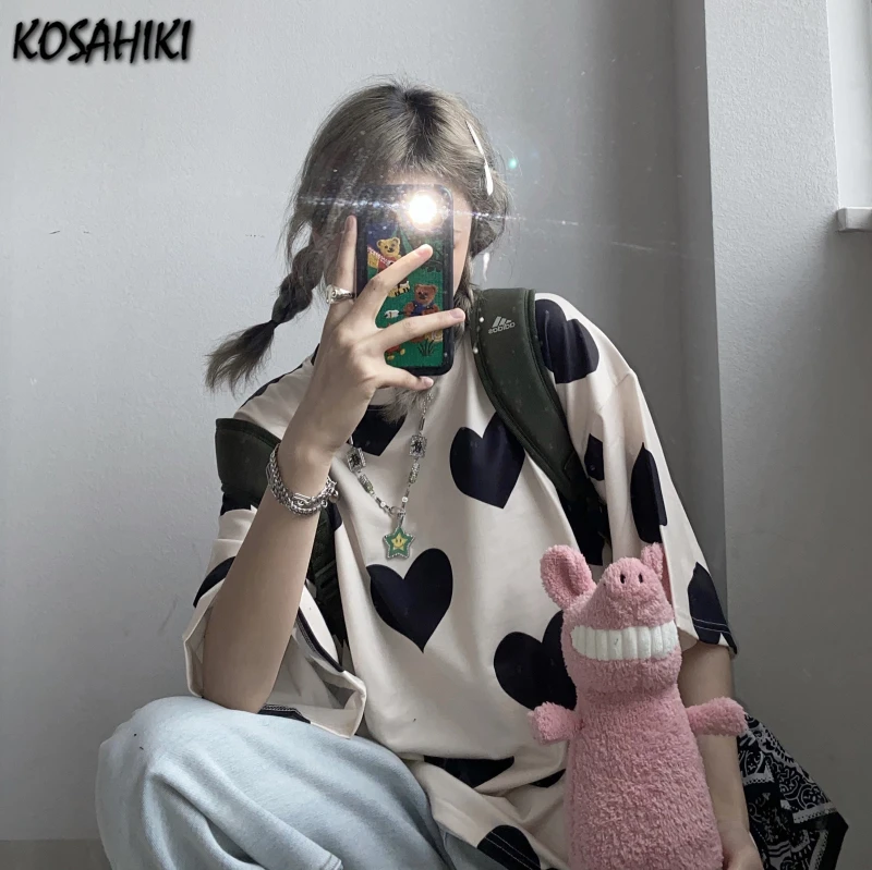 

KOSAHIKI Harajuku Style Streetwear 2021 Summer Heart Print T Shirt Loose Short Sleeve O-neck T-shirt Women Clothing Tops Tee