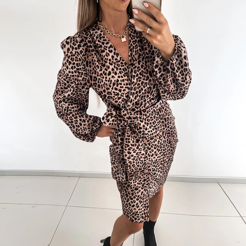 

Winter V Neck Leopard Mini Wrap Dress Long Lantern Sleeves Slim Skinny Sashes Print Short Dress Ladies Office Vestidos 2021 New