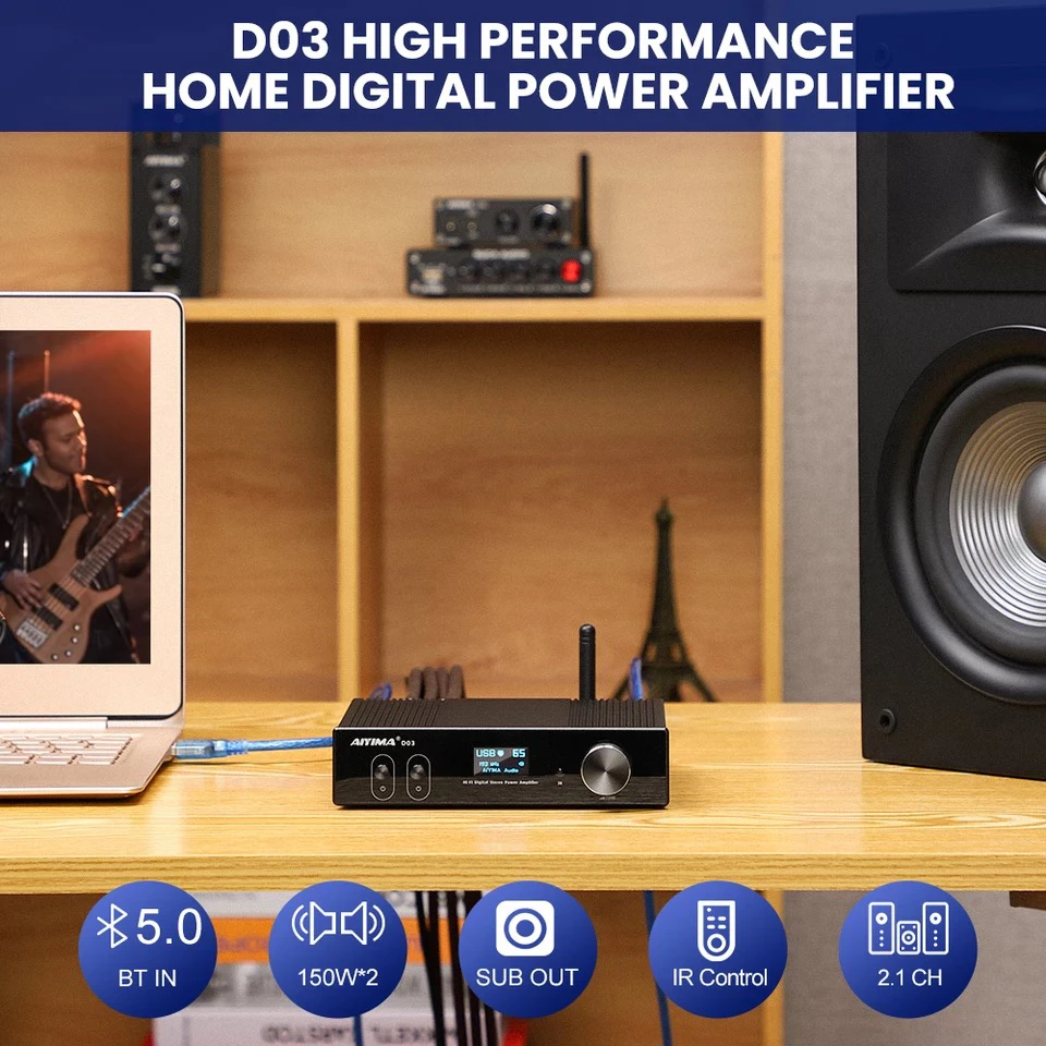 AIYIMA Audio D03 HiFi Bluetooth 5.0 Amplifier 2.1 Wireless Digital Sound Power Subwoofer Amplificador 150Wx2 USB DAC Stereo | Электроника