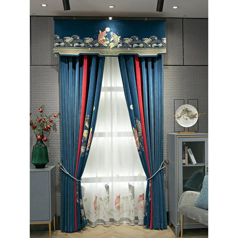 

Custom curtain High quality modern Chinese Splicing Koi thick blue Chenille Jacquard blackout curtain valance tulle panel M1199