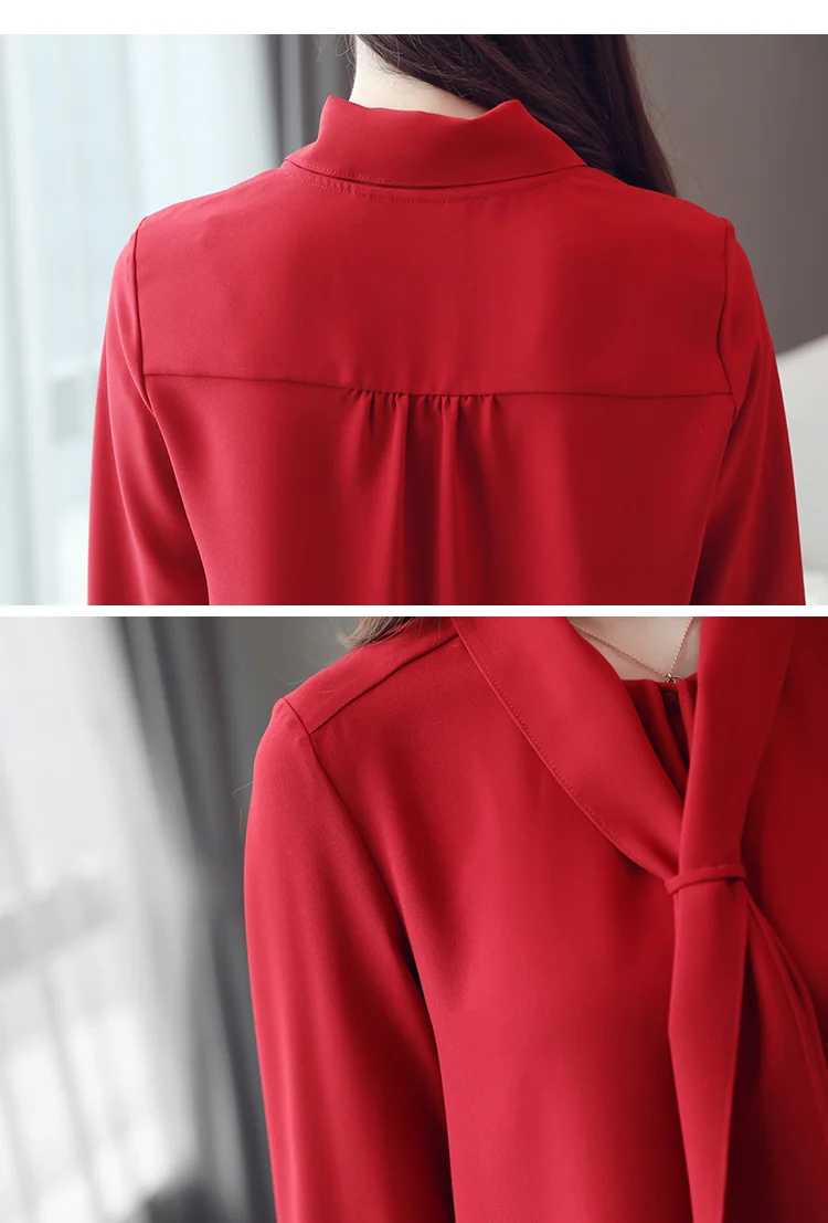 Женская блузка, офисный Топ с длинным рукавом, шифоновая блузка, blusas femininas elegante, с бантом, однотонная, с v-образным вырезом, красная одежда, женские топы 0412