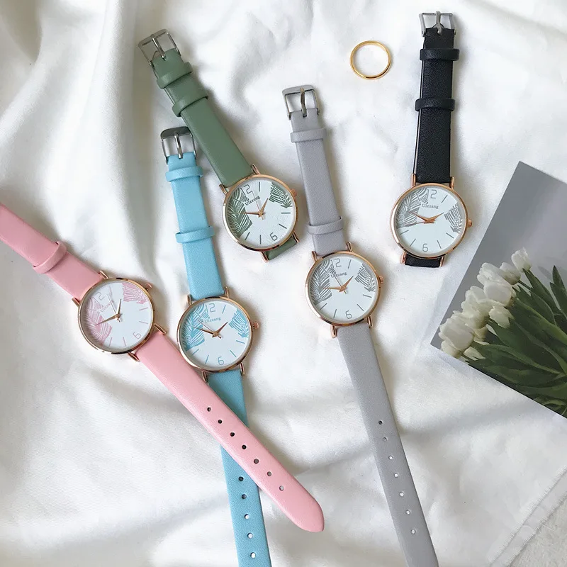 

Leaves Dial Design Women Quartz Watches Ulzzang Fashion Brand Casual Ladies Wristwatches Simple Woman Leather Clock Montre Femme