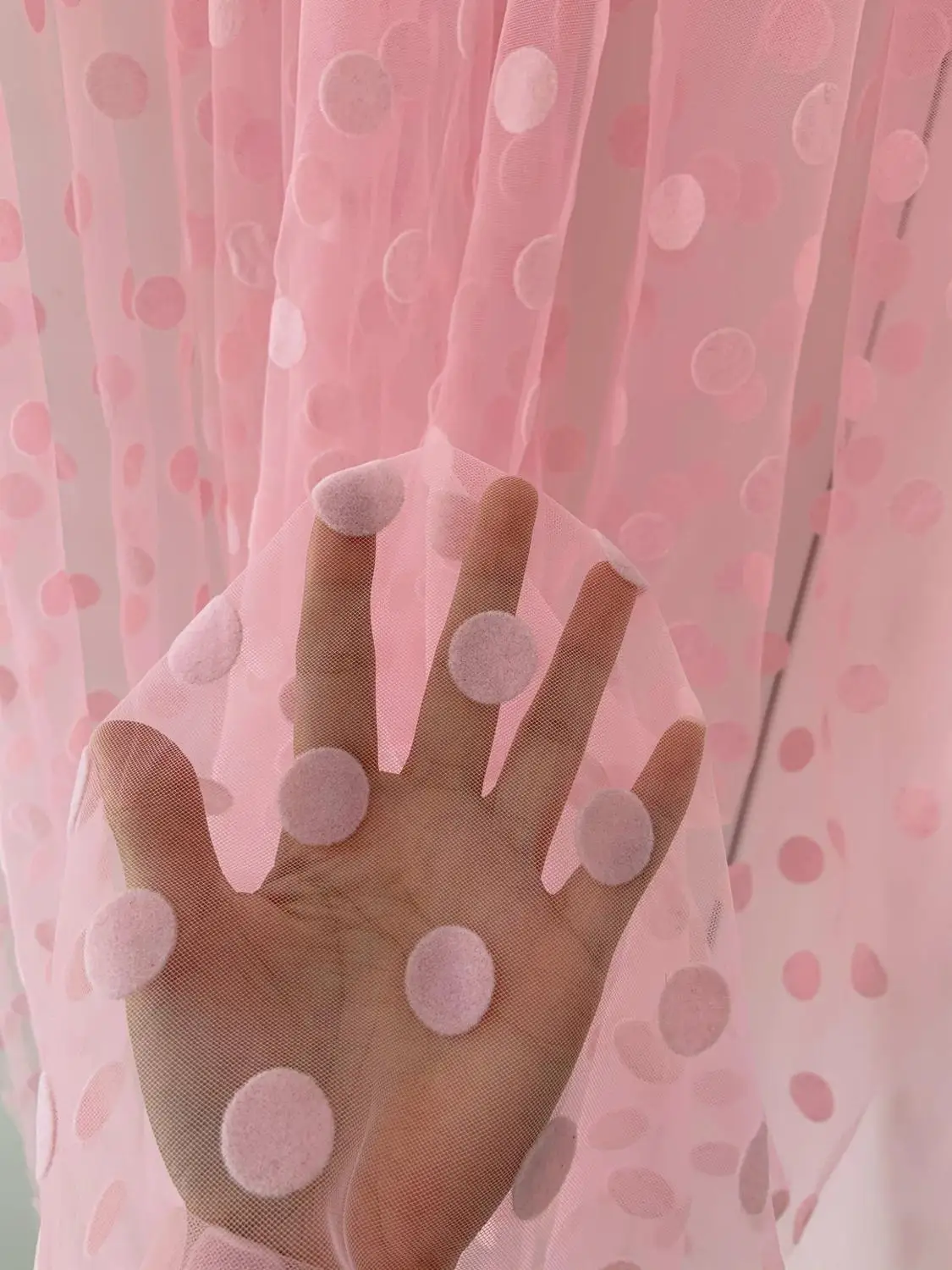 

10 yards Pink Tulle Lace Fabric With Velvet Polka Dots