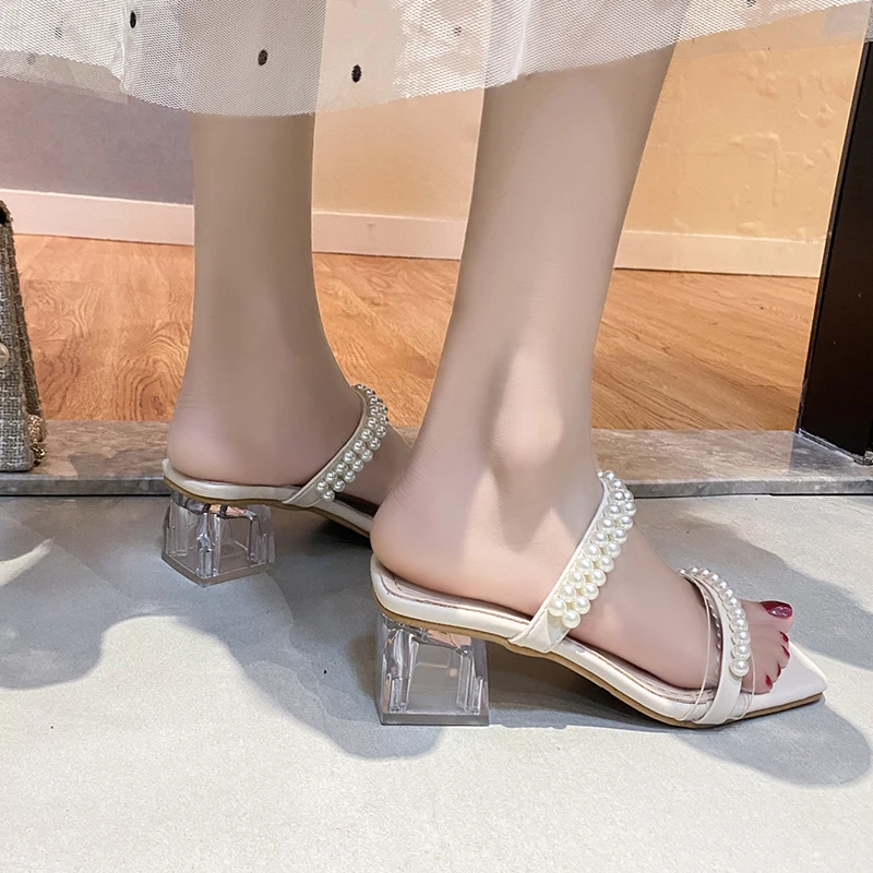 

Pearl Sandals Fashion Womens Shoes 2021 Summer Heels All-Match Anti-Skid Square Toe Luxury Girls New Block Comfort Low Multicolo