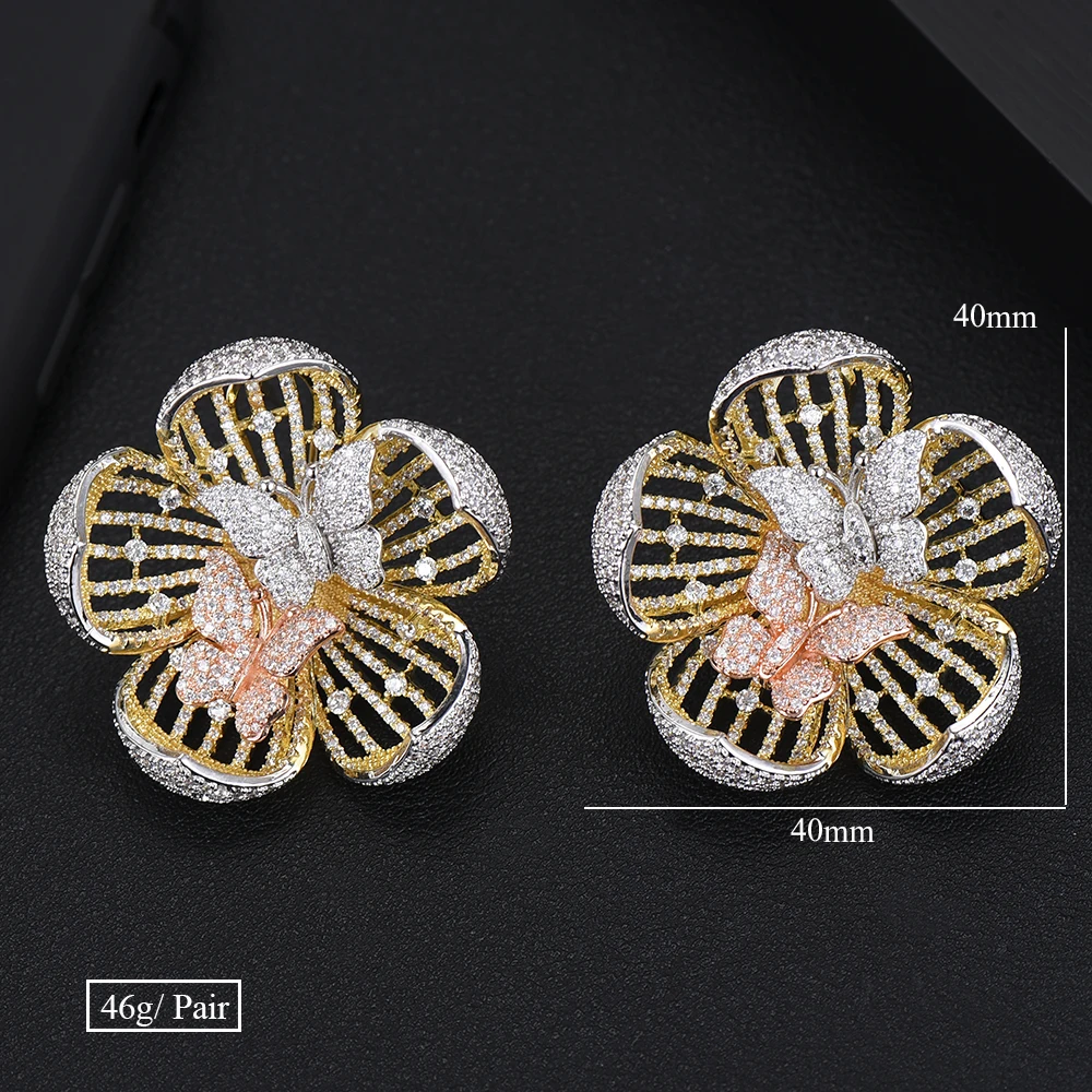 

Brand Luxury Blooming Flowers Fashion Big Stud Earrings Cubic Zirconia Romantic Bridal Wedding Jewelry Women Birthday Gift