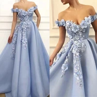 light blue off shoulder tulle prom dresses women formal party night long vestidos de gala appliqus flowers elegant evening gowns