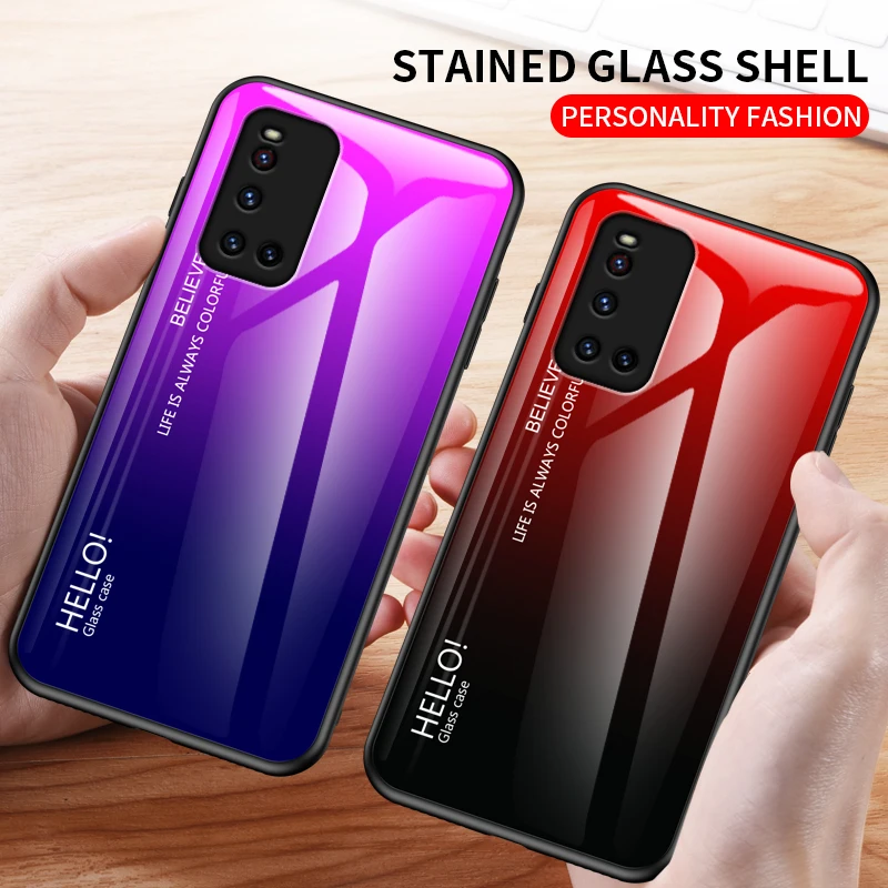 ДЛЯ VIVO V19 чехол противоударный Закаленное стекло задняя крышка градиент цвета