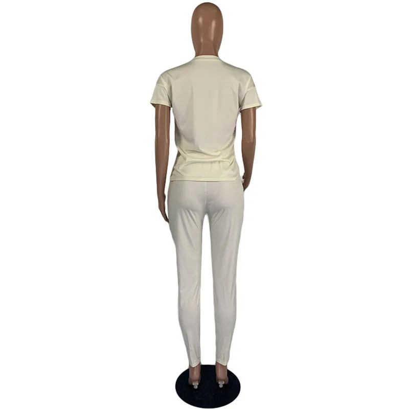 

Casual Solid Color Two Piece Tracksuit Sport Costumes For Women V Neck Short Sleeve Top And Bandage Pants Sweatsuit Club Outfit