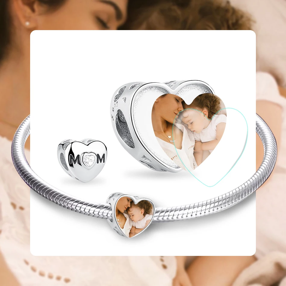 925 Sterling Silver Custom Photo Heart Charm Forever Love Mom CZ Beads Fit Original Bracelet DIY Jewelry Mother's Day Gift | Украшения