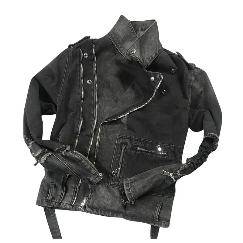 Mcikkny Для Мужчин's Марка NEW Fashion Hi Street спортивные куртки для девочек-подростков модные рваные и потёртые мотоцикл Джинсовые куртки мужская верхняя одежда черного цвета - Цвет: Черный