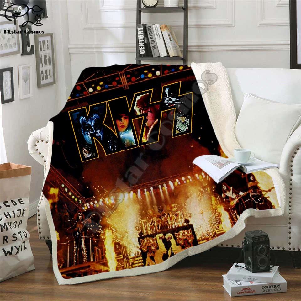 Плед для вечерние НКИ Plstar Cosmos Band KISS Rock & Roll All Nite с 3D рисунком шерпа на кровати