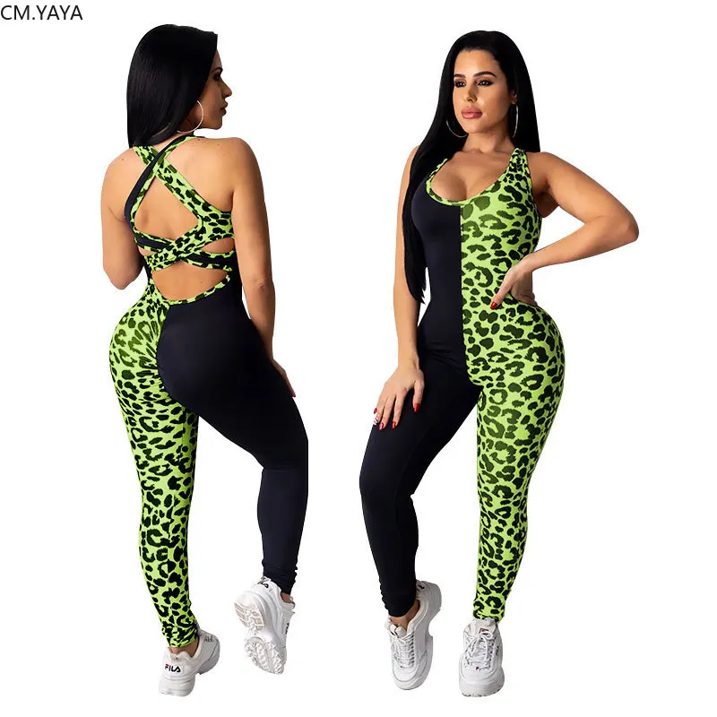 CM.YAYA Active Wear Leopard Print Patchwork Women Sleeveless Tank Open Back Bodycon Jumpsuit Streetwear One Piece Romper Overall |