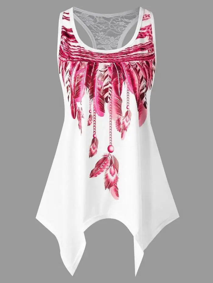 Summer Women Casual Feather Printed Irregular Hem Wine Red Purple Regular O Neck Top | Женская одежда