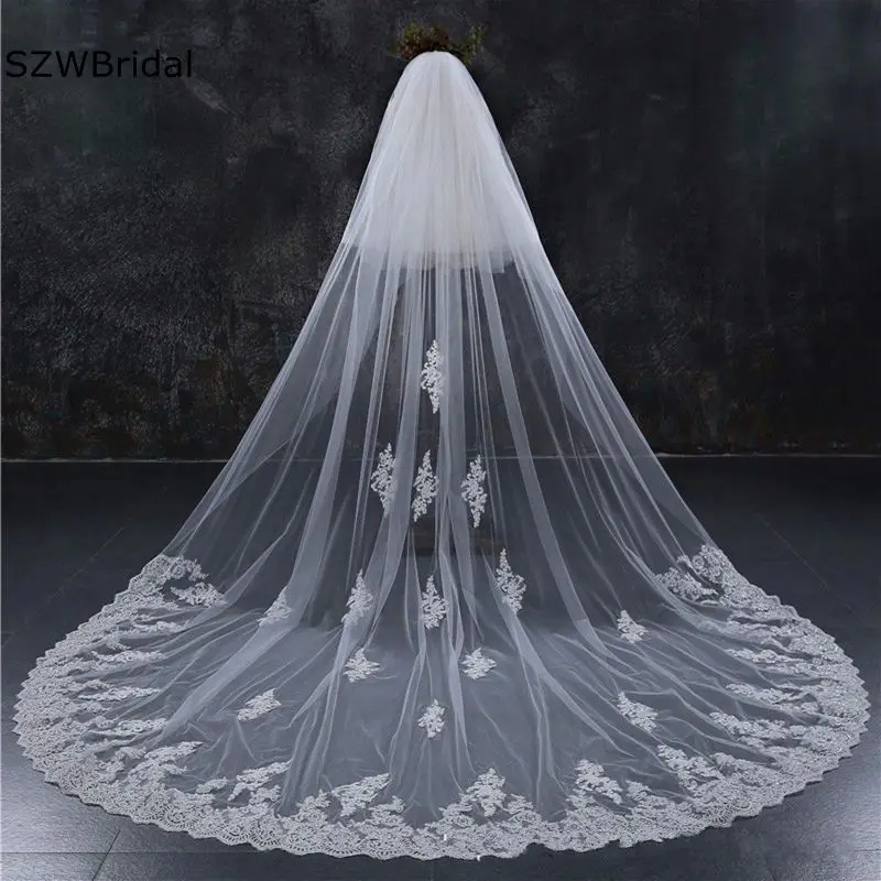 

New Arrival Cathedral Wedding Veils Lace Appliques Ivory Bridal veil wedding free shipping Welon slubny Sexy wedding accessories