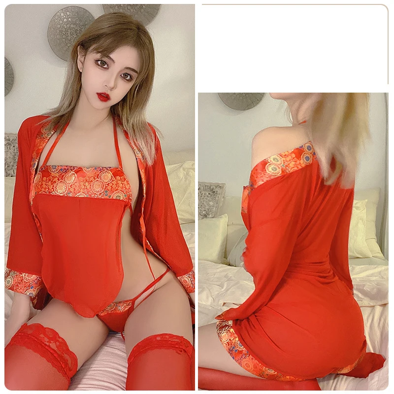 

3pcs/set Sexy Lingerie Red Kimono Women Cheongsam Costumes Tang Suit Underwear Sleepwear Female Nightdress Sexy Cosplay Costume